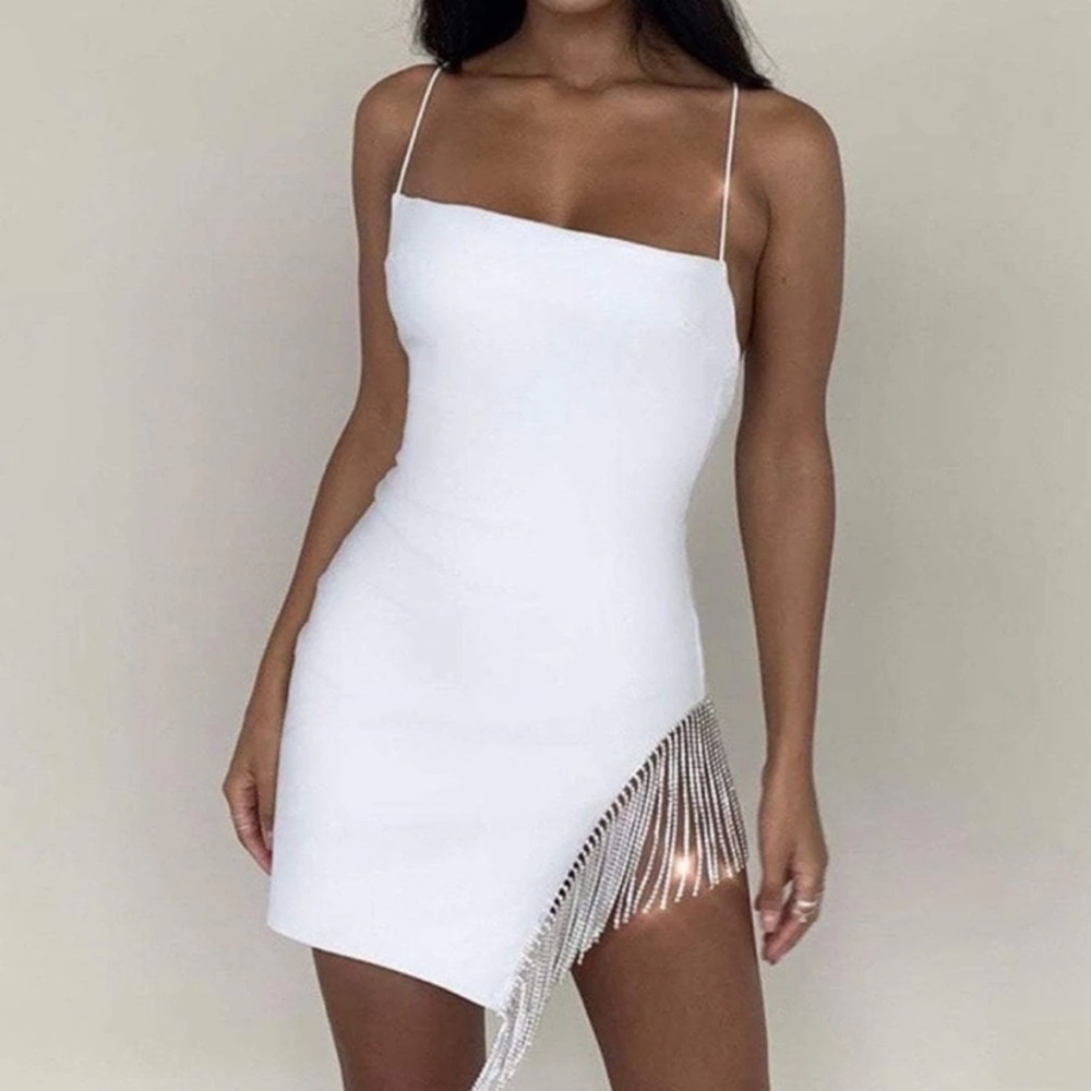 White Mini Dress with Rhinestone Fringe